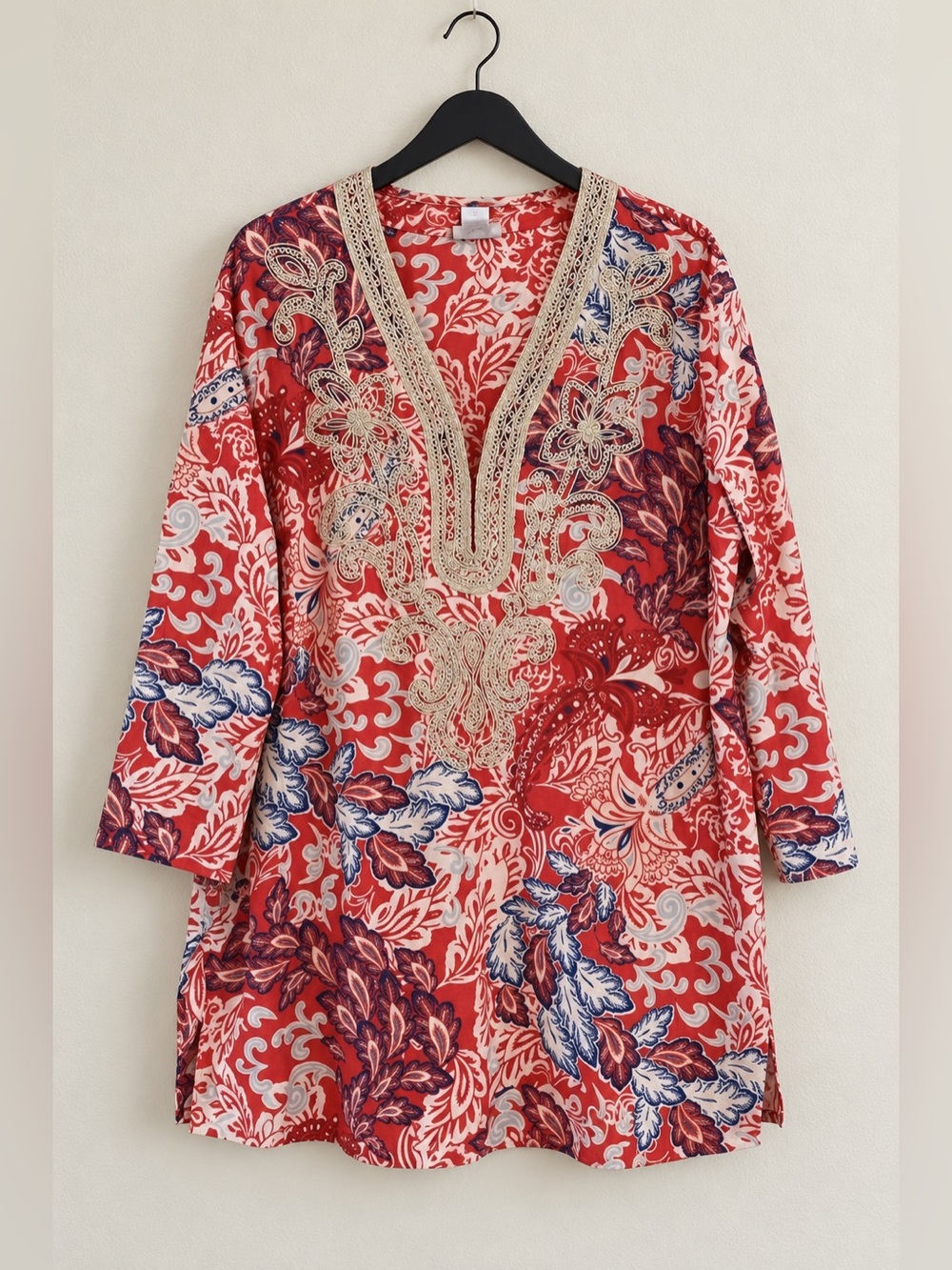 Charter Club Weekend Red Gold Paisley Crochet Appliqué Tunic Top XL #1854